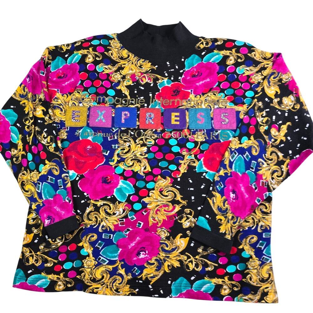 Vintage 90s Y2K Express Floral Blouse Womens Medium Coquette Chic Glam Mock Neck